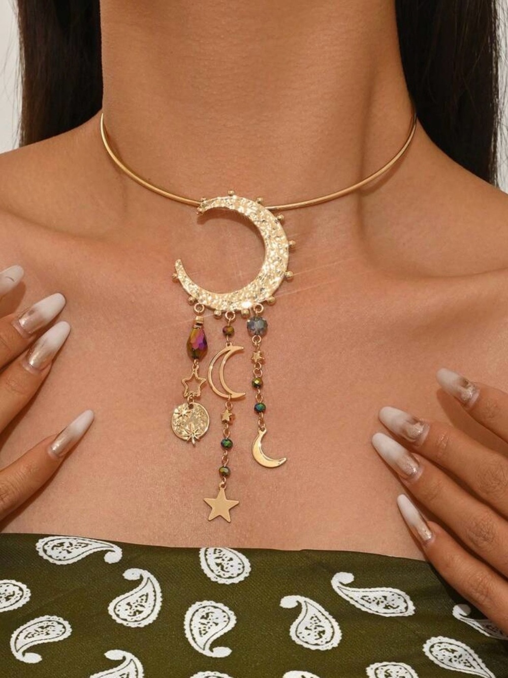 Gold Moon & Charm Dangle Choker